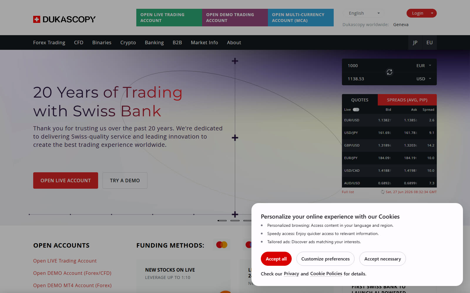Dukascopy website screenshot